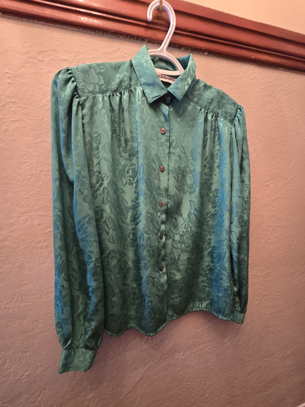 Vintage Editions Emerald Green Floral Jacquard Blouse Women's Medium - Picture 5 of 12
